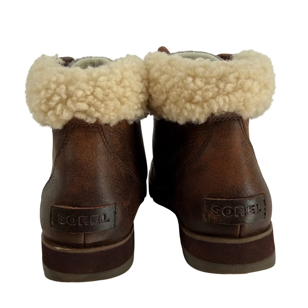Sorel Harlow Lace Cozy Boots Women 9.5 Brown Leather Wool Hiker Ankle Waterproof